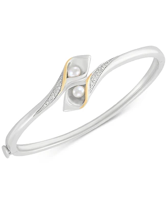 Cultured Freshwater Pearl (6 x 4mm) & Diamond (1/10 ct. t.w.) Flower Bud Inspired Bangle Bracelet in Sterling Silver & 14k Gold