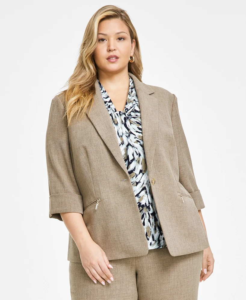 Kasper Plus Zip-Pocket One-Button Blazer