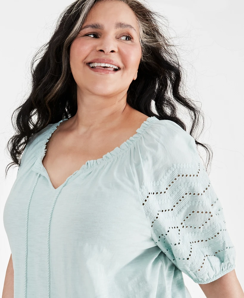 Style & Co Plus Eyelet Puff-Sleeve Split-Neck Cotton Top, Created for Macy's