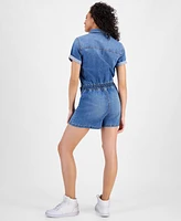 Celebrity Pink Women's Cinched-Waist Rolled-Sleeve Denim Romper