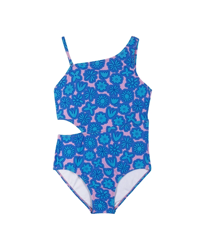 Child Girls Blue Floral Print One-Shoulder Swimsuit