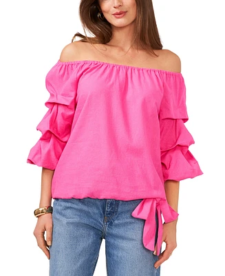 Vince Camuto Women's Linen-Blend Off The Shoulder Bubble Sleeve Tie Front Blouse