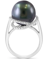 Effy Black Tahitian Pearl (13mm) & Diamond (1/4 ct. t.w.) Double Halo Statement Ring in 14k White Gold