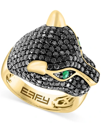 Effy Black Diamond (1-3/4 ct. t.w.) & Emerald (1/10 ct. t.w.) Panther Head Ring in 14k Gold