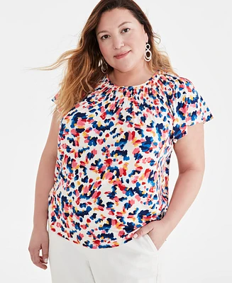 Style & Co Plus Printed Gathered Scoop-Neck Flutter-Sleeve Top, Created for Macy's