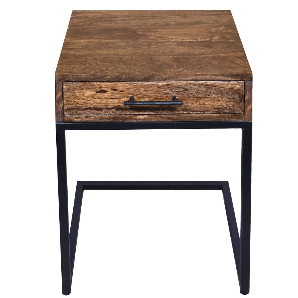 Simplie Fun Mango Wood Side Table With Drawer And Cantilever Iron Base, Brown And Black