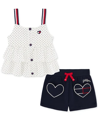 Tommy Hilfiger Little Girls Tiered Jersey Babydoll Top & French Terry Logo Shorts, 2 Piece Set