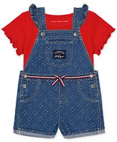 Tommy Hilfiger Toddler Girls Ribbed Logo T-Shirt & Printed Denim Shortall, 2 Piece Set