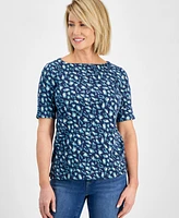 Style & Co Petite Printed Boat Neck Elbow-Sleeve Top, Created for Macy's