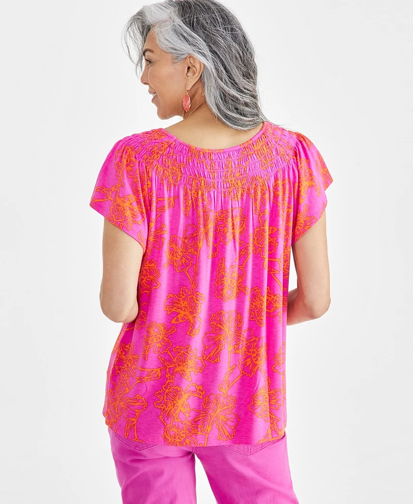 Style & Co Petite Iris Dreams Printed Smocked-Neck Flutter-Sleeve Top, Created for Macy's