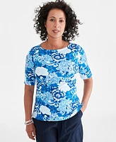 Style & Co Petite Gigi Multi Boat Neck Elbow-Sleeve Top, Created for Macy's