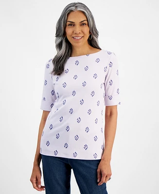 Style & Co Women's Printed Boat-Neck Elbow-Sleeve Top, Created for Macy's