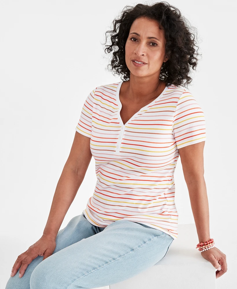 Style & Co Women's Striped Short-Sleeve Henley Top, Created for Macy's