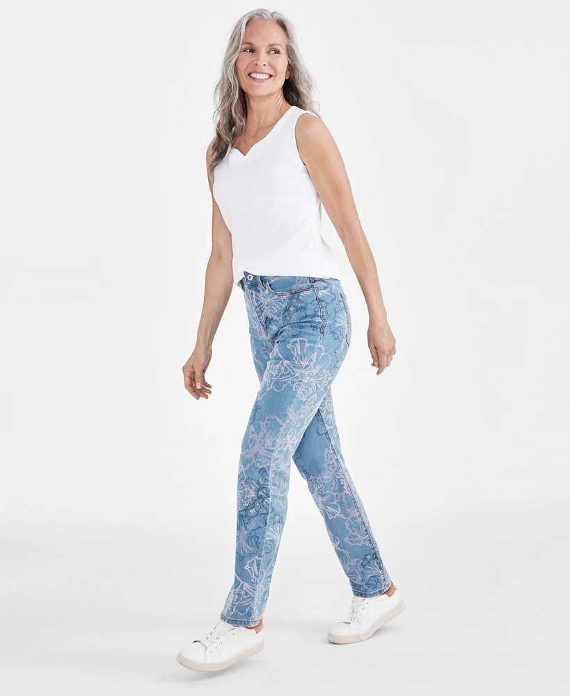 Style & Co Petite High Rise Floral Print Straight-Leg Jeans, Created for Macy's