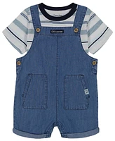 Calvin Klein Baby Boys Chambray Shortalls and Striped Short Sleeve T-shirt Set, 2 piece