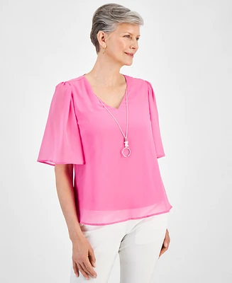 Jm Collection Women's Flutter-Sleeve Necklace Top, Created for Macy's