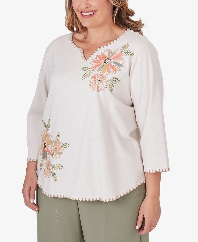 Alfred Dunner Plus Size Tuscan Sunset Embroidered Flower Top