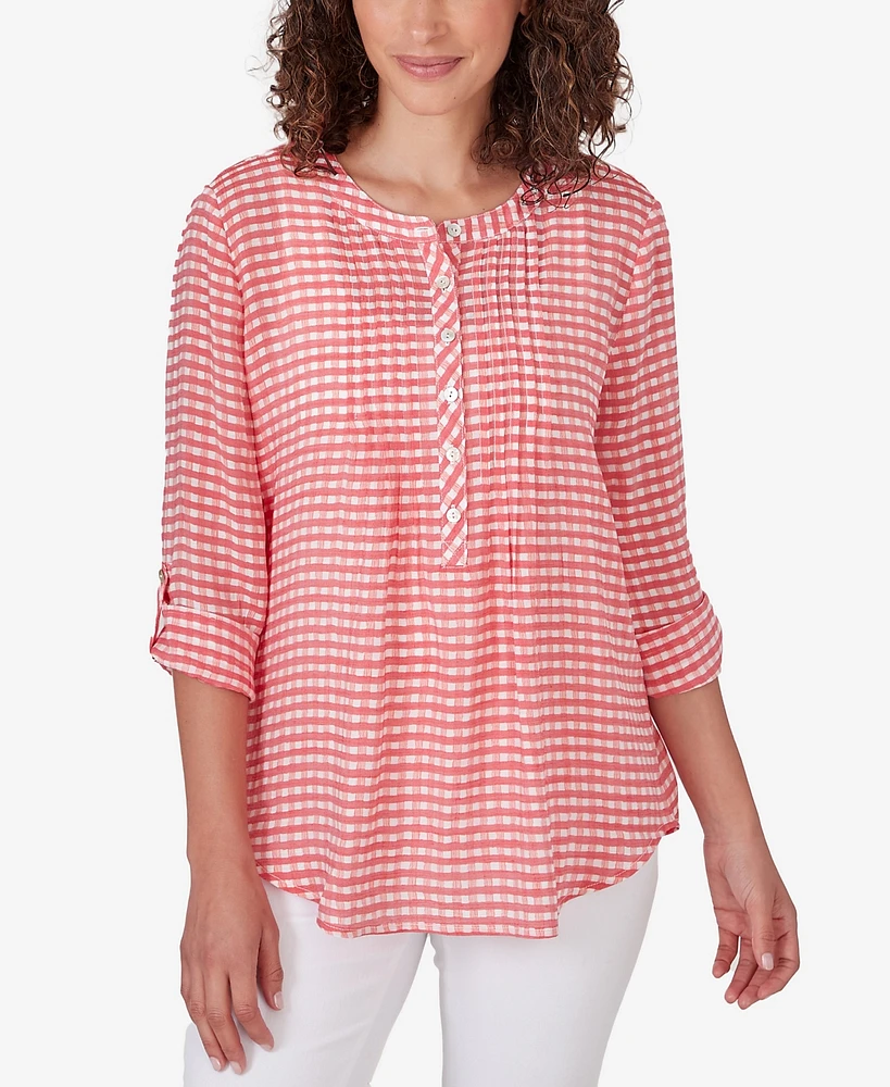 Ruby Rd. Petite Gingham Pintuck Roll-Tab-Sleeve Button-Front Top