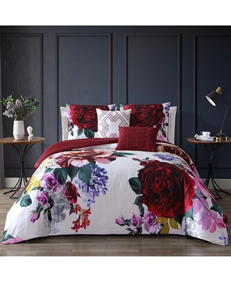 Bebejan Magenta Floral Bedding 100% Cotton 5 Piece Reversible King Comforter Set