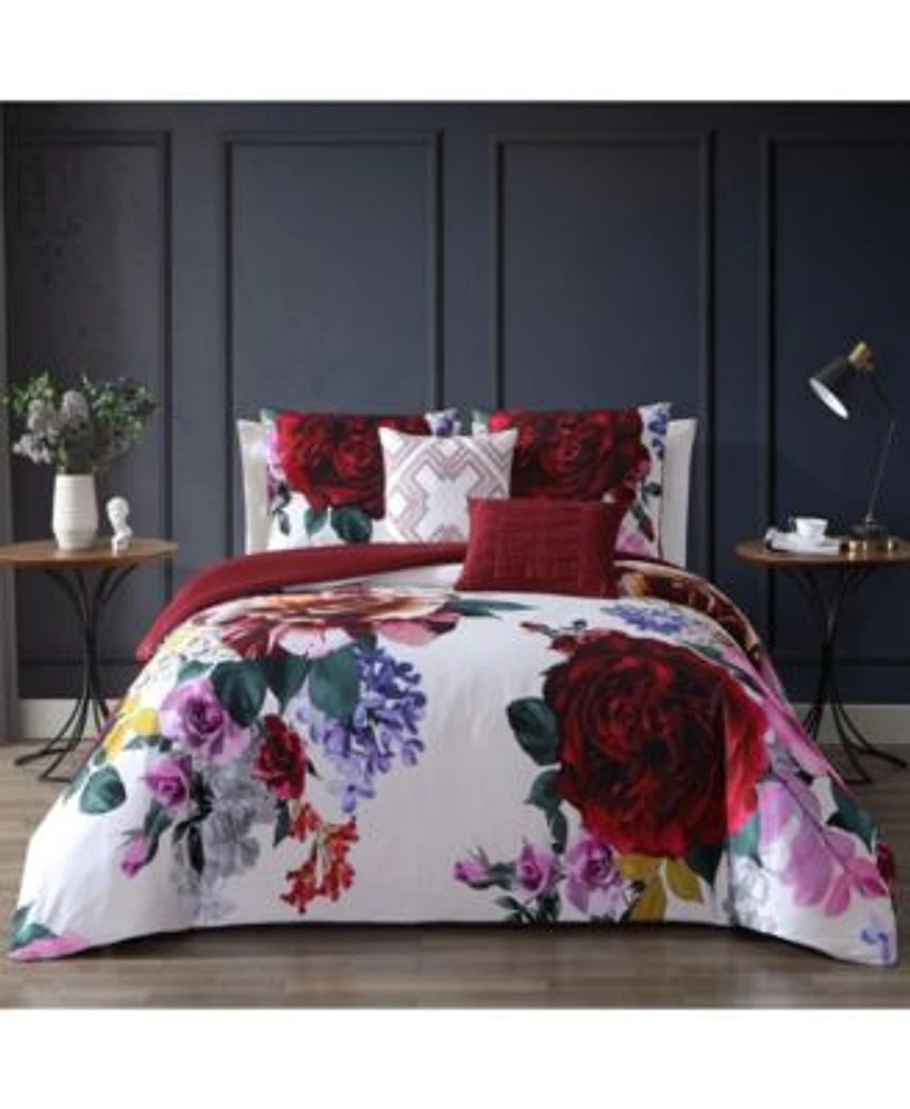 Bebejan Magenta Floral Bedding 100 Cotton 5 Piece Reversible Comforter Set