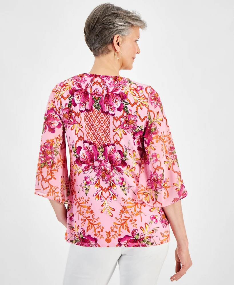 Jm Collection Petite Oasis Flora Split-Neck Top, Created for Macy's