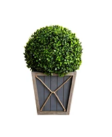 Nearly Natural 18in. Uv Resistant Artificial Boxwood Ball Topiary with Led Lights in Decorative Planter Indoor/Outdoor