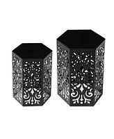 Glitzhome Multi-Functional Set of 2 Black Iron Cutout Floral Garden Stools or Planter Stand