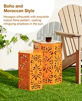 Glitzhome Multi-Functional Set of 2 Orange Cutout Floral Hexagonal Garden Stools or Planter Stand