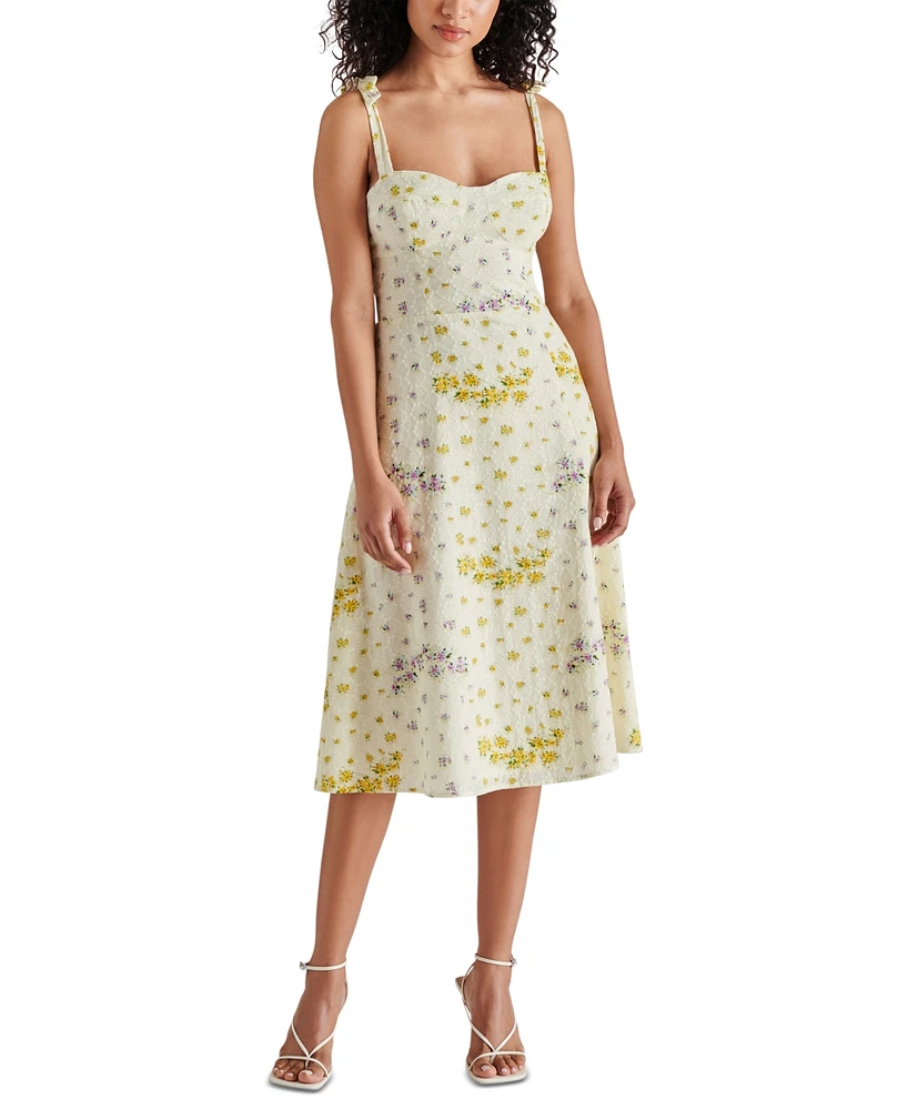 Steve Madden Women's Carlynn Floral-Print Pointelle Bow-Sleeve Smocked-Back Dress