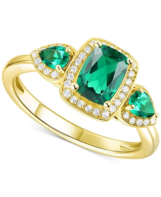 Emerald (7/8 ct. t.w.) & Lab-Grown White Sapphire (1/6 ct. t.w.) Three Stone Halo Ring in 14k Gold-Plated Sterling Silver