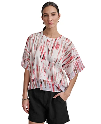 Dkny Women's Printed Mixed-Media Dolman-Sleeve Top