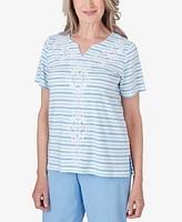 Alfred Dunner Women's Hyannisport Short Sleeve Multi-Stripe Medallion Top