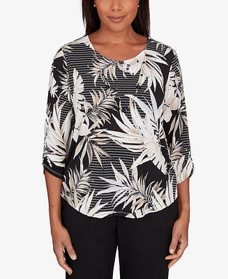 Alfred Dunner Women's Opposites Attract Printed Leaves Top with Necklace