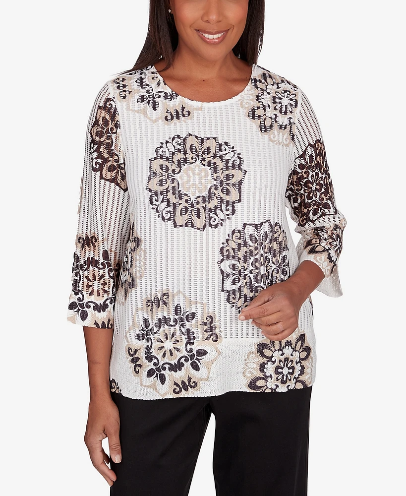 Alfred Dunner Women's Opposites Attract Medallion Textured Crew Neck Top