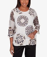 Alfred Dunner Women's Opposites Attract Medallion Textured Crew Neck Top