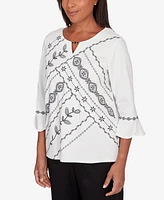 Alfred Dunner Women's Opposites Attract Embroidered Leaf Keyhole Neck Top