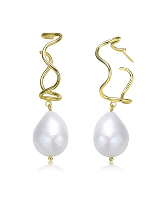 Genevive Very Stylish Sterling Silver with 14K Gold Plating and Genuine Freshwater Pearl Curvy Dangling Earrings