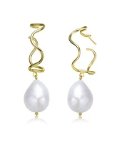 Genevive Very Stylish Sterling Silver with 14K Gold Plating and Genuine Freshwater Pearl Curvy Dangling Earrings