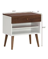 Sugift Mid-Century Nightstand with Drawer and Rubber Wood Legs