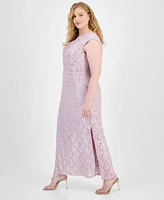 Connected Plus Sequined Lace Draped-Neck Gown