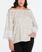 Ella Rafaella Plus Size Linen Blend Peasant Top with Lace Sleeve