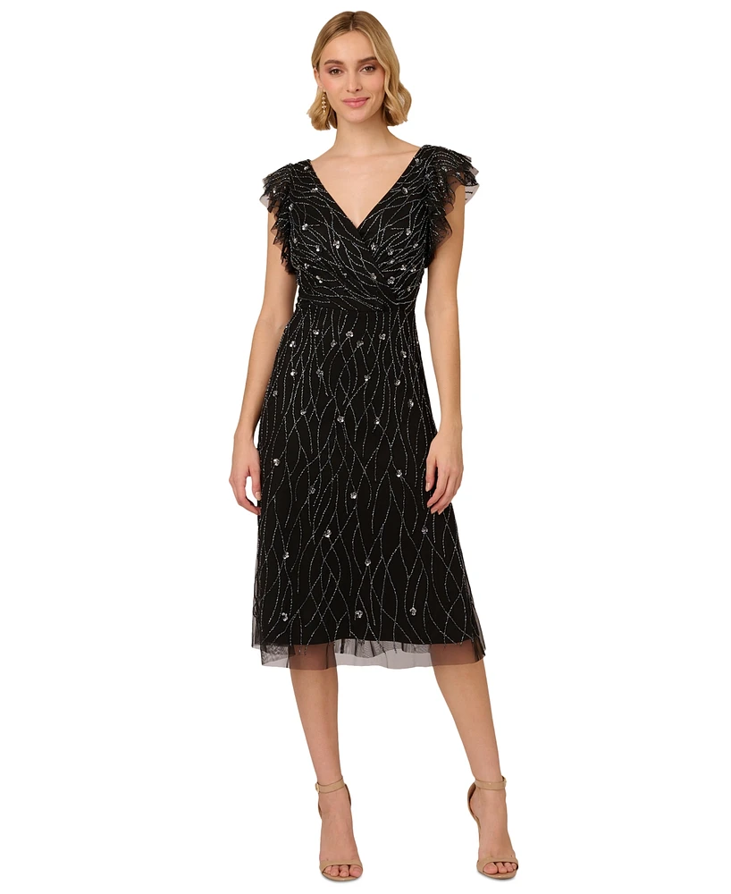 Adrianna Papell Women's Beaded Flutter-Sleeve Midi Dress