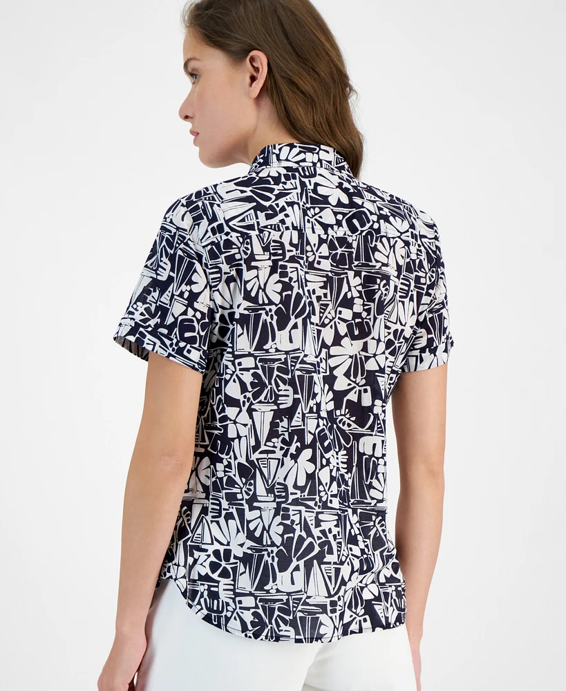 Nautica Jeans Women's Tiki Print Cotton Button-Front Shirt