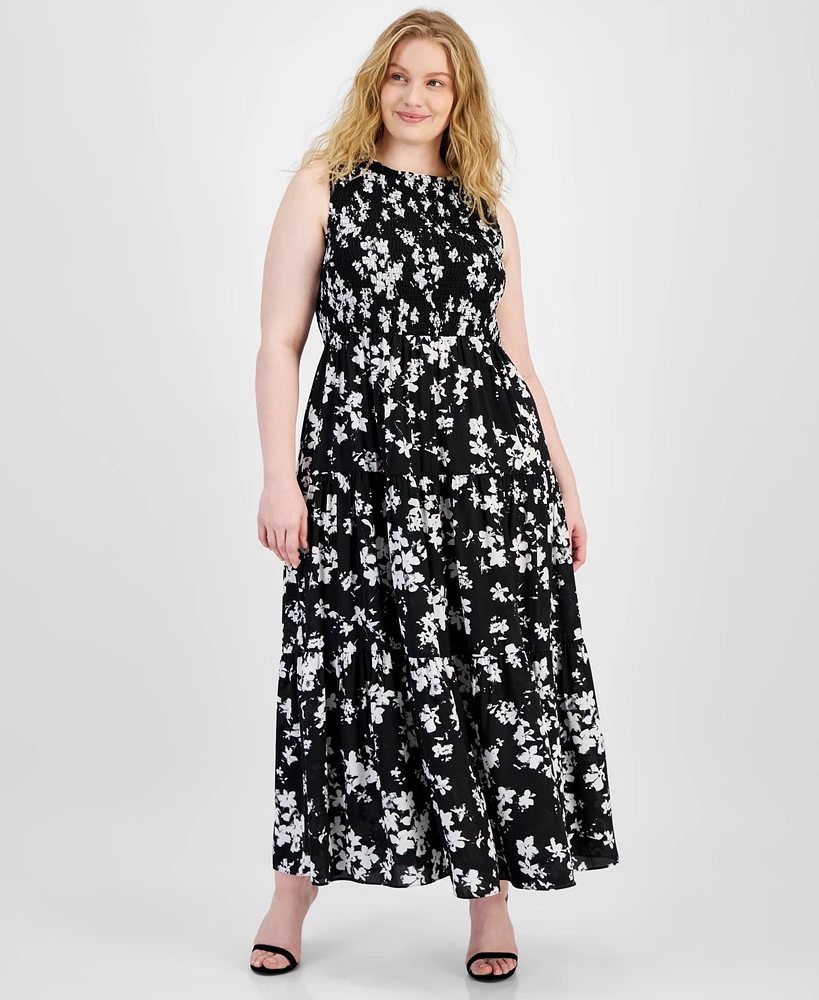 Anne Klein Plus Floral Smocked-Bodice Maxi Dress