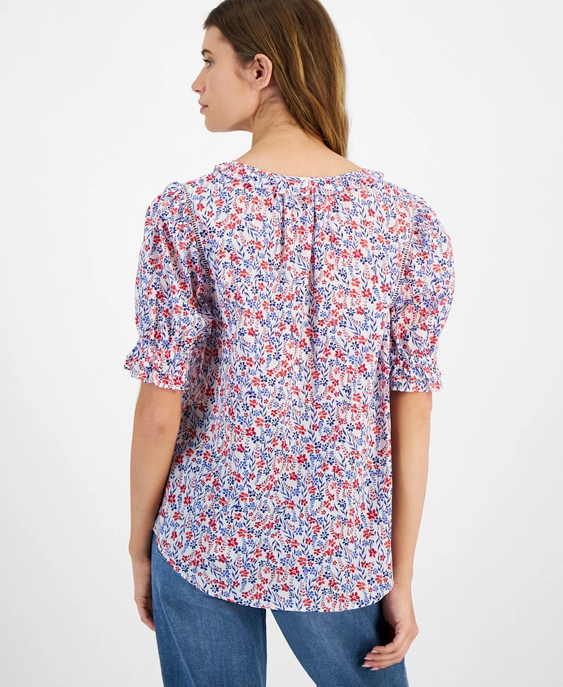 Tommy Hilfiger Women's Cotton Floral-Print Ruffled-Cuff Top