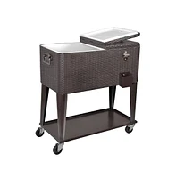 Home Aesthetics Outdoor Patio Rolling Cooler Cart 80 Qt Wicker Ice Chest Beverage Brown Rattan