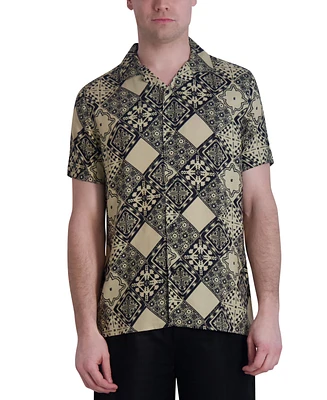 Karl Lagerfeld Paris Men's Slim-Fit Geometric Tile-Print Button-Down Camp Shirt