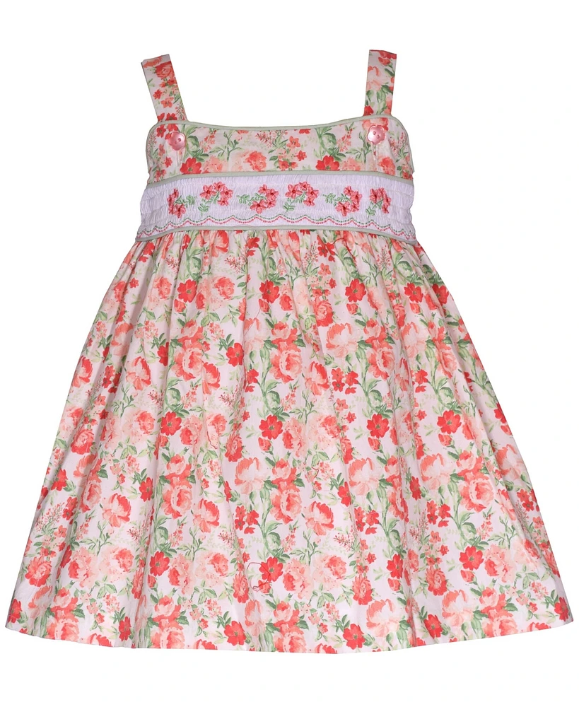 Bonnie Baby Girls Sleeveless Floral Sundress with Smocked Insert