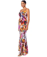 Betsy & Adam Petite Floral Ruffle-Front Long Dress