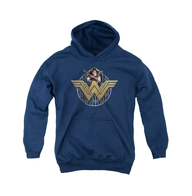 Wonder Woman Boys Movie Youth Power Stance And Emblem Pull Over Hoodie / Hooded Sweatshirt